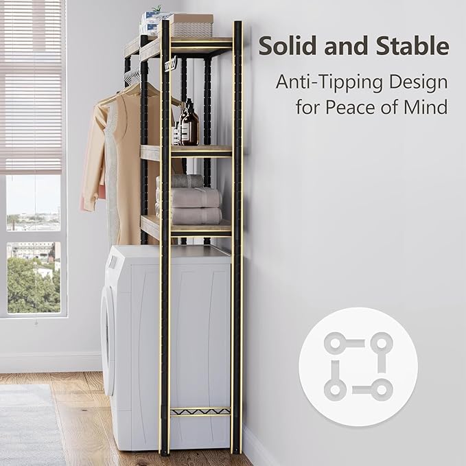 GarveeHome 5-Tier Over-The-Washer Storage Shelf - Adjustable Height Laundry Organizer with Double-Layer Wood Shelves, Space-Saving Design for Laundry Room (Gray, 30 in)