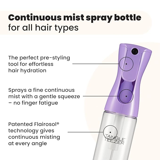 TANGLE TEEZER Fine Mist Continuous Spray Bottle, Reusable and Refillable, for Hair Detangling and Styling, 10.1 oz, Lilac