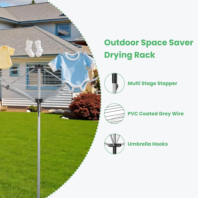 Outdoor Umbrella Drying Rack, 4-Aluminum Arms Folding Rotary Dryer with 12 Lines 165 ft Drying Space Adjustable Height Clothesline w/Waterproof Cover & Ground Spike for Garden Backyard(Grey)