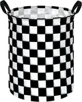 KUNRO Round Black-white Checker Laundry Gift Basket Storage Hamper, Clothes Storage Organizer Bins, Shelf Basket with Handles for Room Decor
