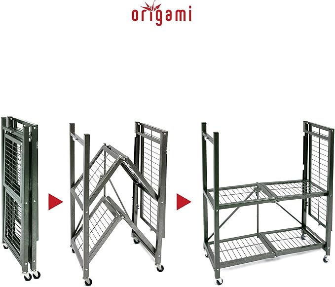 Origami 6-Pack 3-Tier Foldable Storage Shelves, Garage Shelf Rack Unit with Wheels, Pewter