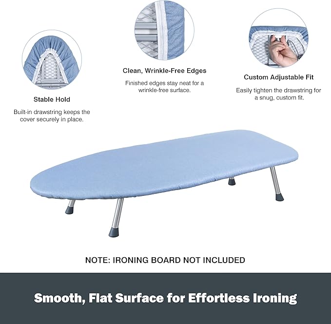 Small Ironing Board Cover and Pad 12.5”x30”, Silicone Coated Scorch Resistant Pure Cotton, Small Iron Board Cover with Padding, Tabletop Mini Ironing Board Cover and Pad, Drawstring Blue