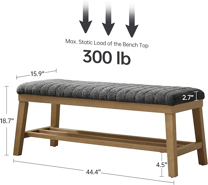 VKNOW Entryway Bench, 44.4" Upholstered Storage Shoe Bench for Entryway & Bedroom, Shoe Rack Bench with Rubberwood Legs, Modern End of Bed Bench for Living Room and Hallway, Black