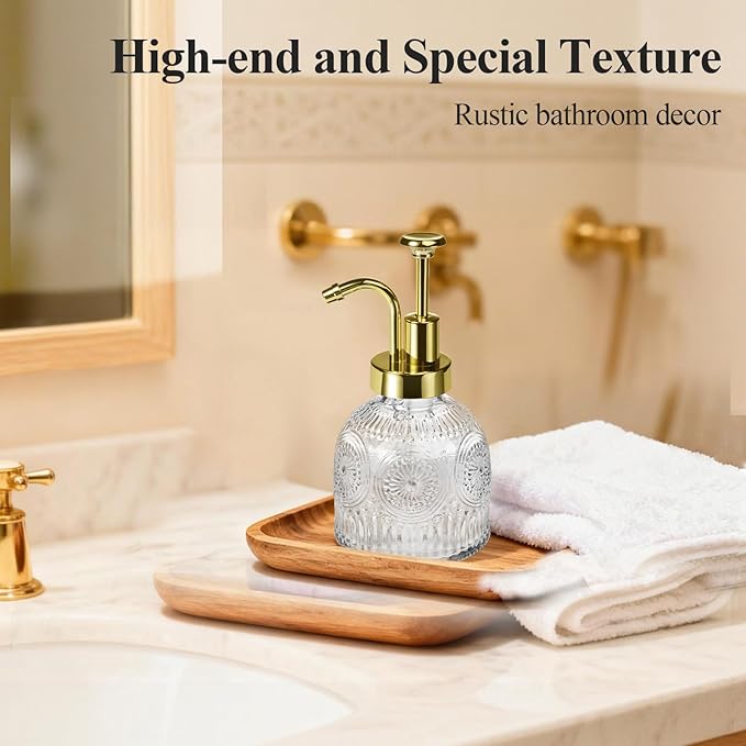 SheeChung Vintage Soap Dispenser, Kitchen Dish Soap Dispensers with Pump Mat, Glass Hand Soap Dispenser for Bathroom, Liquid, Lotion, Refillable, Rustic Farmhouse Decor-Clear (Gold Pump, 2 pk)