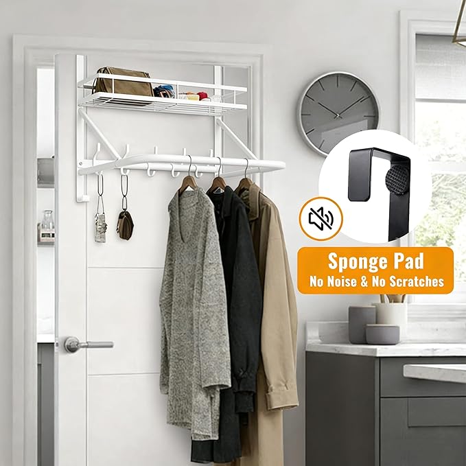 Over The Door Clothes Hanger, Metal Over The Door Hangers for Clothes with 7 Hooks1 Storage Basket For Clothing Hanger Drying Racks for Laundry, Bedroom, Washroom wait（white）