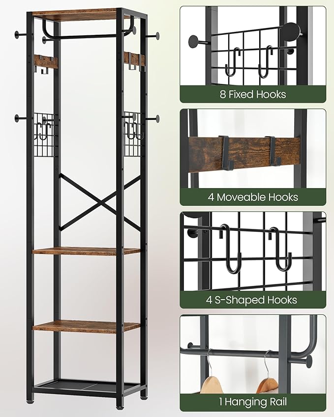 Coat Rack with Shelves, Freestanding Hall Tree, Coat Tree with 16 Hooks and Hanging Rail, Industrial Clothes Stand for Entryway, Hallway, Bedroom, Rustic Brown and Black TYM18BF