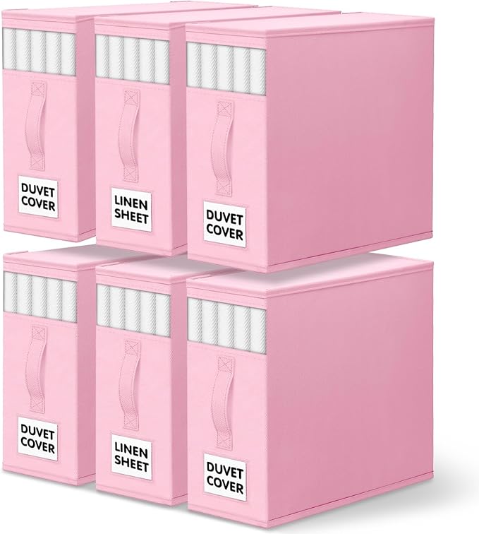 WOWBOX Sheet Organizers and Storage,Closet Bed Sheet Organizer Under Bed Storage and Organization with Label Cards & Clear Window for Bedding Sheets,Duvet Covers,Blankets (6 Pack，Pink)