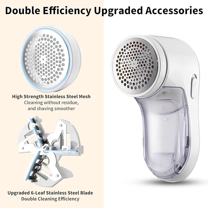 Rechargeable Fabric Shaver, Lint Remover for Clothes & Furniture, 3-Leaf Blades, Safety Lock, Pilling Remover Depiller for Fuzz, Lint, Pills, Bobbles (White)