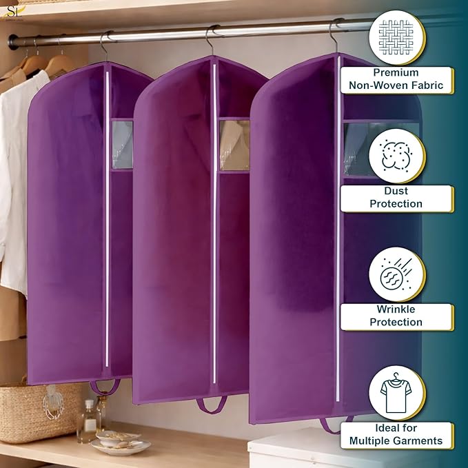 65" Garment Bags for Hanging Clothes, Pack of 3 Suit & Dress Covers for Storage and Travel, Long Gown Bags with Zipper, Plum Purple