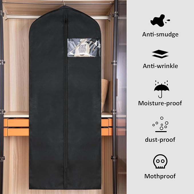 2 Pack 60"Garment Bags for Suits and Coats Lightweight Foldable with Travel Handle, Closet Storage and Travel-Friendly with Transparent Inner Bag Set, Black