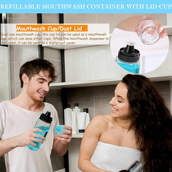 2 Pack Glass Mouthwash Dispenser, Leakproof Mouth Wash Container Bottle with Cup Lid, 9.5 OZ Refillable Glass Mouthwash Bottle Decanter for Countertop/8 Pcs Label