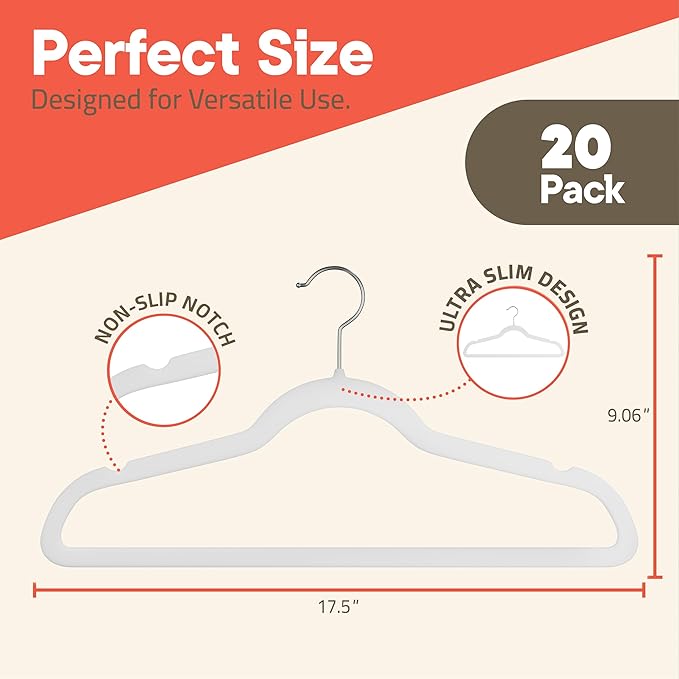 White Velvet Hangers 20 Pack – 360° Swivel Hook, Non-Slip and Space Saving Hangers, Heavy-Duty 11 lbs Weight Capacity - Smooth Velvet Finish for Crease-Free Clothes and Effortless Closet Organization