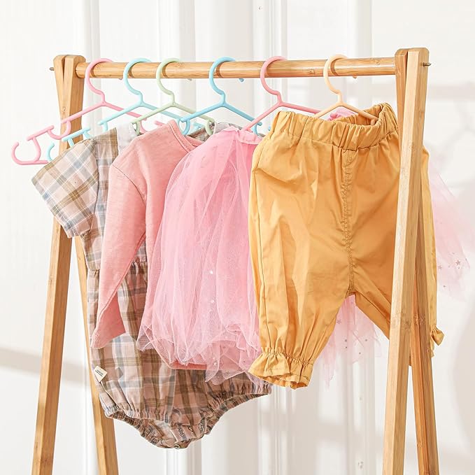 Hsei 40 Pack Pastel Color Kids Nursery Hangers Plastic Baby Hangers Heavy Duty Toddler Hanger for Pants, Coat, Skirts, Closet, Nursery Decor(Pink Yellow Blue Green Color)