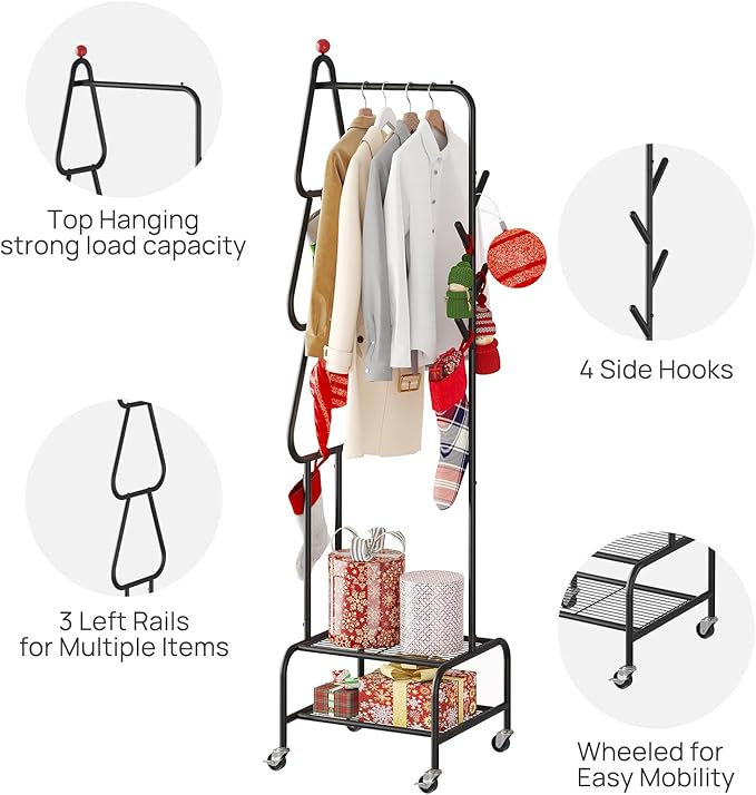 Coat Rack with Wheels, 4 Hooks Rolling Garment Rack, 360° Swivel Wheels with Brake, Heavy Duty Metal Rustproof for Entryway Bedroom