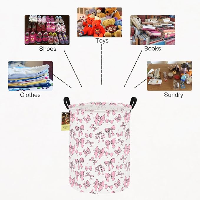 HUNRUNG Laundry Hamper,Large Canvas Fabric Lightweight Storage Basket Toy Organizer Dirty Clothes Collapsible Waterproof for College Dorms（Round-Pink Bow）