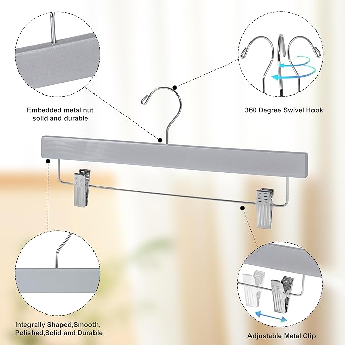 Quality Hangers Wooden Pants Hangers - 120-Pack Swivel Hook Cloth Hanger Set - Lotus Wood Skirt, Pant, Shorts and Slack Hangers with Adjustable Clip – Grey Clothing Hanger Set (Gray, 120)