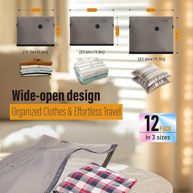 Rechargeable Wireless Pump Travel Vacuum Bags, 12 Pack Portable Storage Bags for Travel and Home, Compression Packing Seal for Clothing, Clothes, Blankets, Luggage, Suitcase