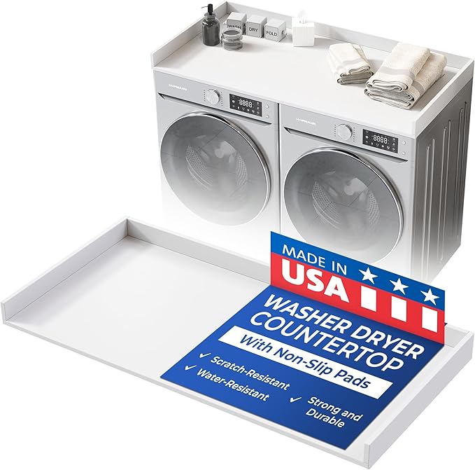 OfficeSimpli Washer Dryer Countertop, Made in USA, Non-Slip Pads, Laundry Room Wood Topper, Washer Dryer Cover for Top, Laundry Countertop, Laminate Finish (Glacier White, Large (30" x 58"))
