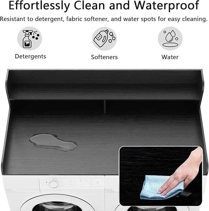 Fabuday 2-Tier Wood Washer Dryer Countertop with Shelf - Two Layers Laundry Topper for Storage & Organization, 54''x27.5''x11.9'' Counter Table with Edge Over Washing & Dryer, Charcoal Black