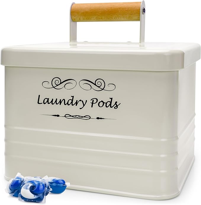 ElitaPro Modern Farmhouse Laundry Pods Container with Lid for Laundry Room Décor & Accessories, Laundry Room Organization (Ivory)