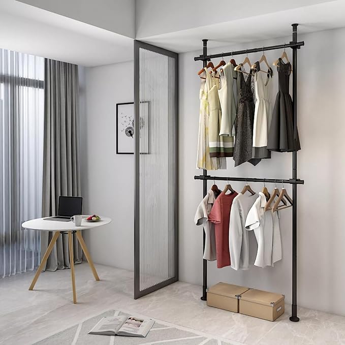 Free Standing Floor Ceiling Laundry Drying Rack, Hanging Clothes Adjustable Garment Rack Heavy Duty Clothes Hanger, 2 Tier Adjustable Telescopic Garment Rack