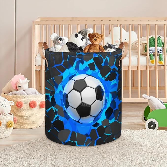Sport Football Large Laundry Basket - Blue Soccer Kids Laundry Hamper with Handles - Collapsible Dirty Clothes Organizer Boys Toy Storage Bin Nursery Hamper for Bedroom Bathroom Decor