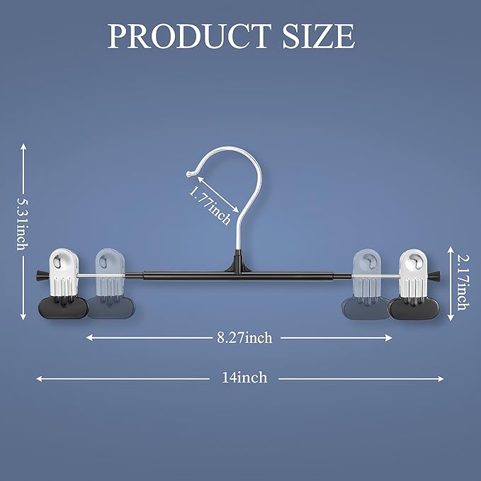 14Inch Clothes Pants Hangers with Wide Clips 10 Pack,Non-Slip Adjustable Skirt Hanger for Women,Space-Saving Heavy Duty Men Hangers for Pants,Trousers,Jeans,Shorts,Black