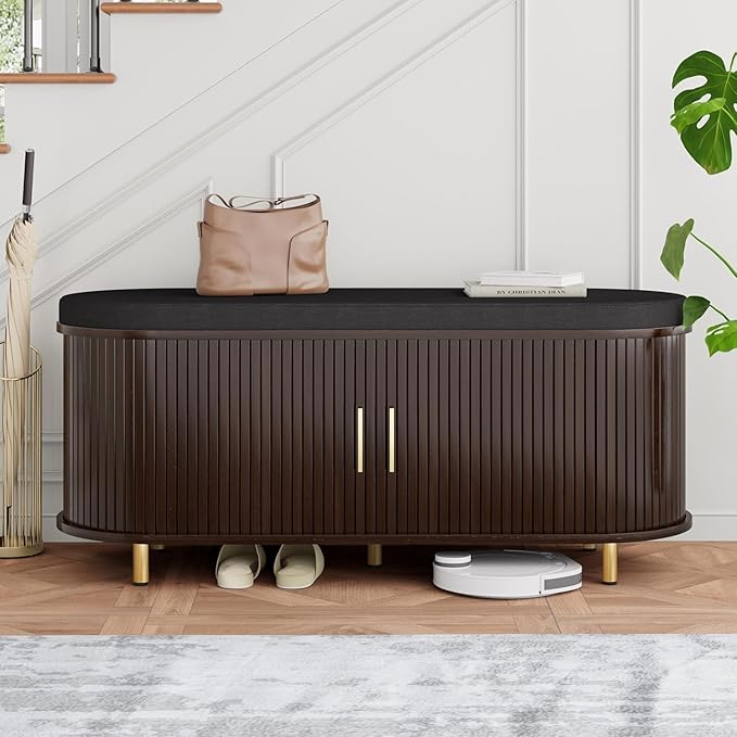 Entryway Bench with Storage: 43.31" Wooden Bedroom Shoe Bench with Thickened Padded Seat Cushion, Mid Century Modern Fluted Sliding Door and Adjustable Shelf, for Entryway, Living Room