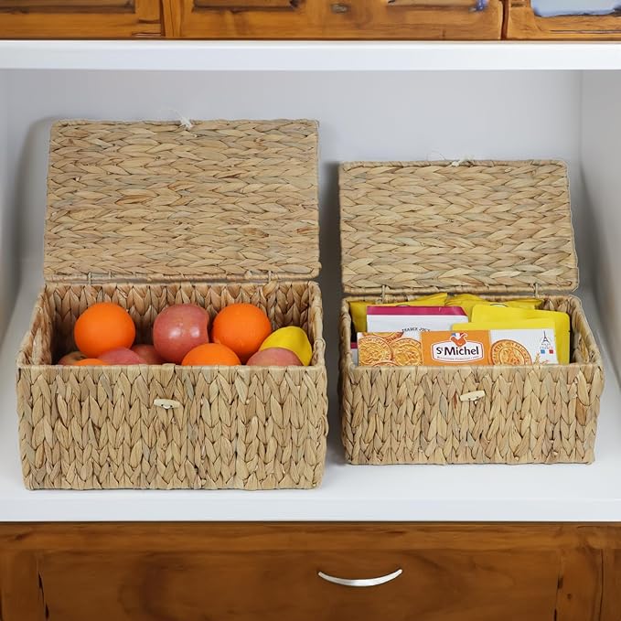 Set of 2 Wicker Basket with Lid, Rectangular Water Hyacinth Storage Baskets for Organizing, Decorative Woven Basket Bins Boxes for Organizing Home