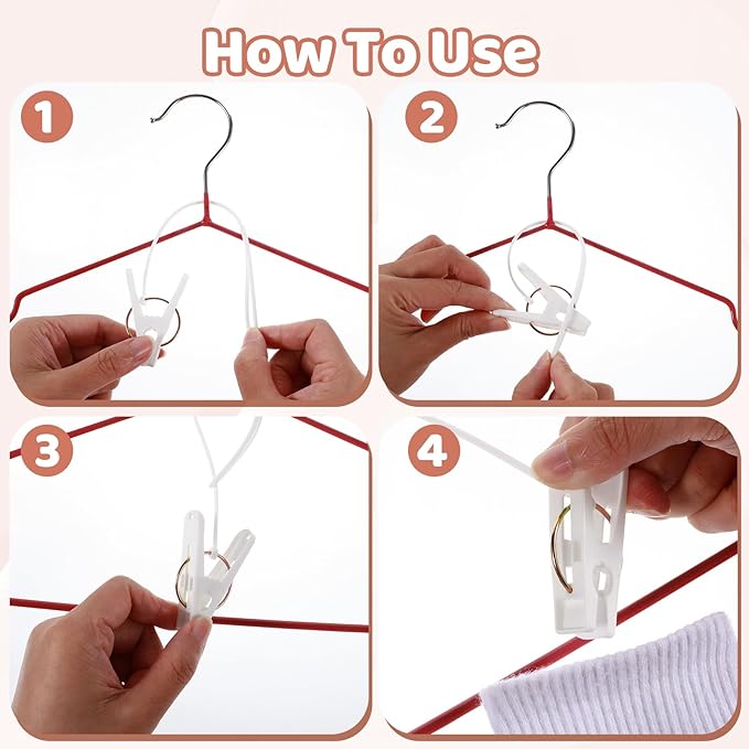 90 Pack Multi-Purpose Laundry Hooks Hanging Clips, Clothes Pins with Plastic Rope Hangers with Clips for Baby Clothes Pants Socks Towels Wardrobe & Kitchen Organization