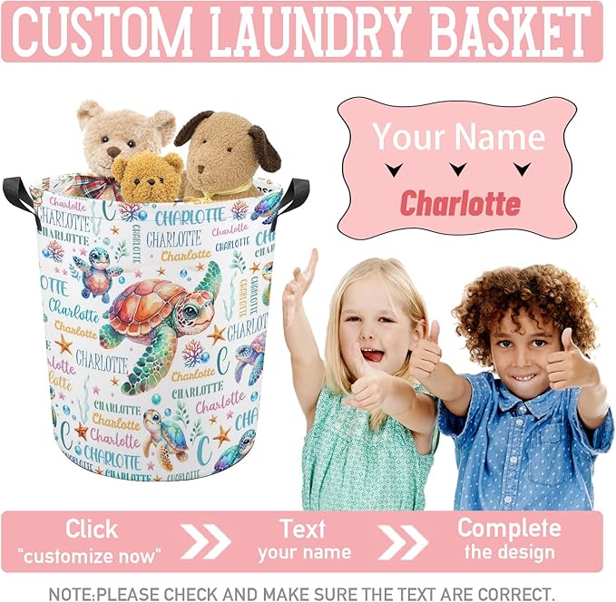 Sea Turtle Laundry Basket,Personalized Laundry Hamper for Boys Girls,Custom Laundry Basket With Name, Customized Dirty Clothes Hamper for Bathroom Bedrooms,M-19.5"X 15.7"