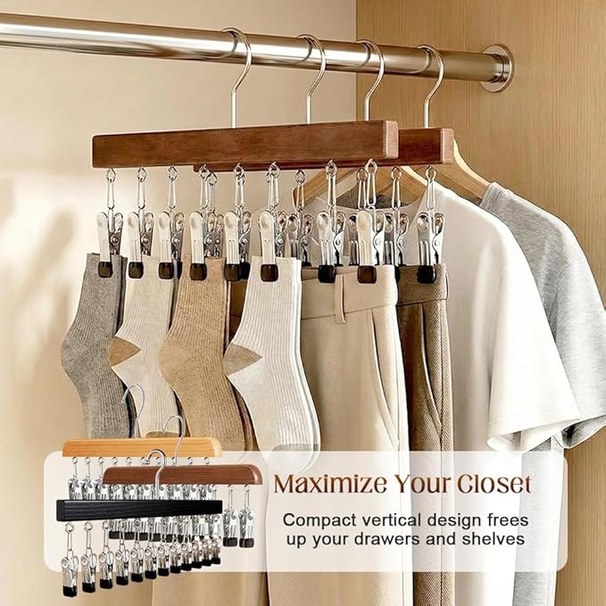 Closet Organizer with 10 Clips, Space Saving Hanging Closet Organizer, Legging Hanger for Closet Organizer with 10 Clip for Storing Jeans, Legging, Shorts (Vintage-12 Clips, 1PC)