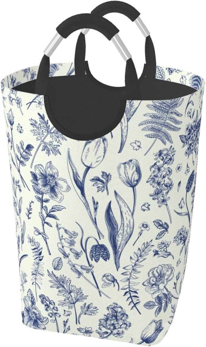 Blue Floral Laundry Basket Flowers Foldable Laundry Hamper Vintage Collapsible Laundry Baskets with Handles Clothes Hamper Laundry Tote Bag for Dorm Family Storage Bin 50L