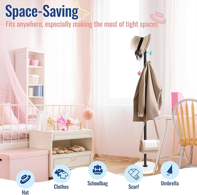 Heavy-Duty Kids Coat Rack - 6 Decorative Hooks, Easy to Assemble Metal Organizer - Tenant Friendly, Space Efficient for Coats, Hats, Bags in Children's Room