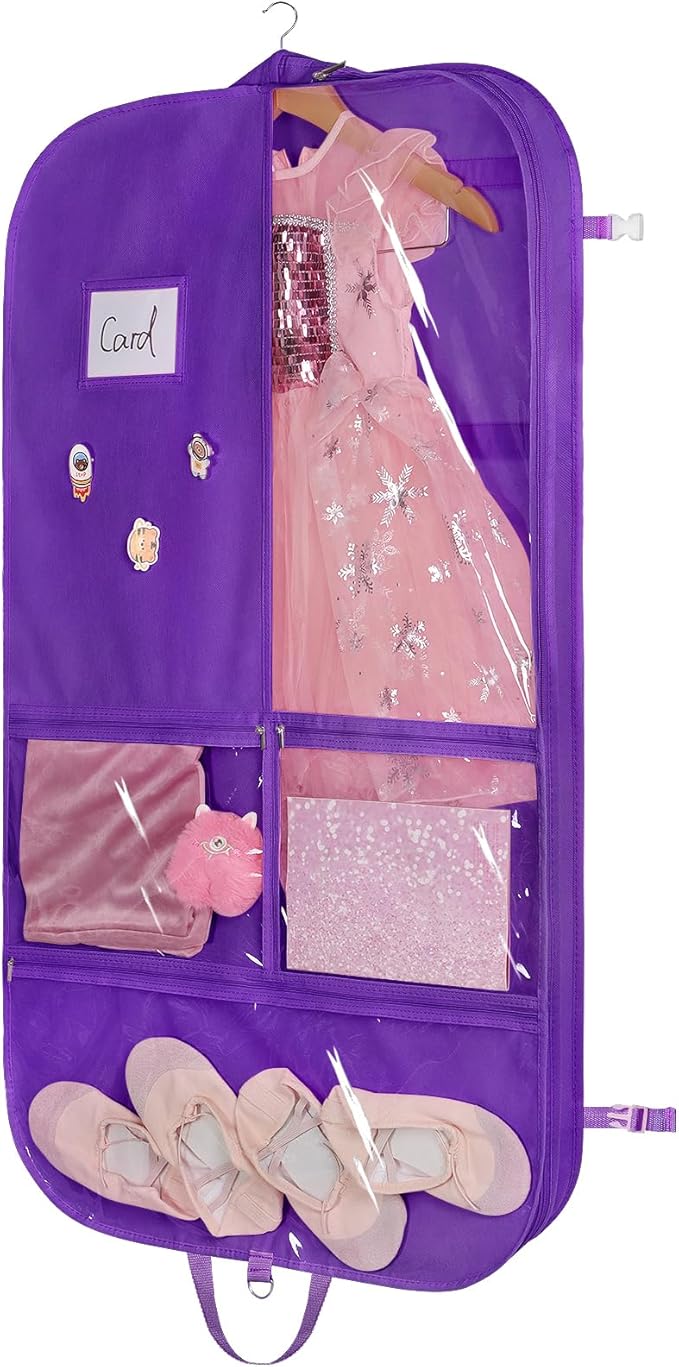 Univivi Dance Costume Bags Garment Bag 40 Inch for Dance Competitions, 3 Medium Clear Zipper Pockets and 2 Back Zippered Pocket, with 1 xPendant, 3 x Badge (Dark Purple)