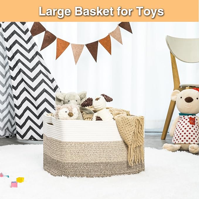 Large Blanket Basket Living Room, Storage Basket, Large Woven Baskets for Storage, Cotton Rope Baskets for Toys, 22”x17”x12”, Gradient Yellow, 75L
