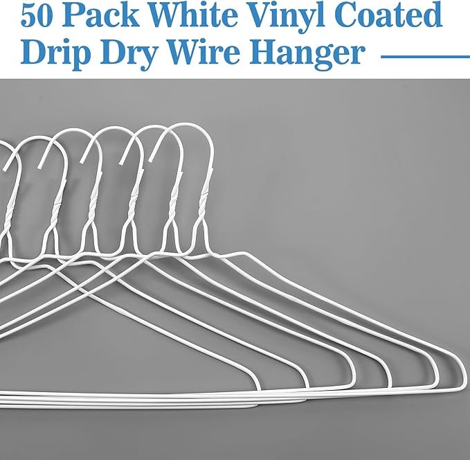 50 Pack Drip Dry Wire Hanger Bulk 16 Inch Galvanized Steel Clothes Coat Hangers with Plastic Coating Dry Cleaner Suit Holders for Home Caped Clothing (White)