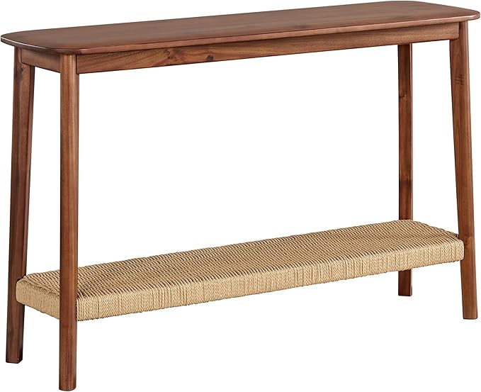 Alaterre Furniture Calais Console Table - 48-Inch Entryway Table with Woven Shelf - Solid Acacia Wood Modern Sofa Table (Warm Chestnut)