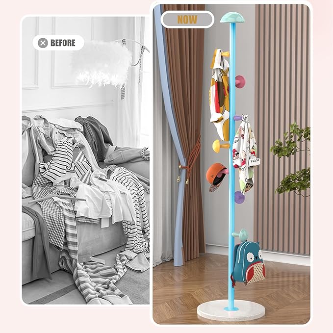 Mushroom Coat Rack, Metal Coat Tree Stand with 7 Hooks, Marble Base, 2 Adjustable Height Freestanding Coat Rack for Coats, Hats, Scarves and Handbags for Entryway, Hallway, Bedroom, Office, Blue