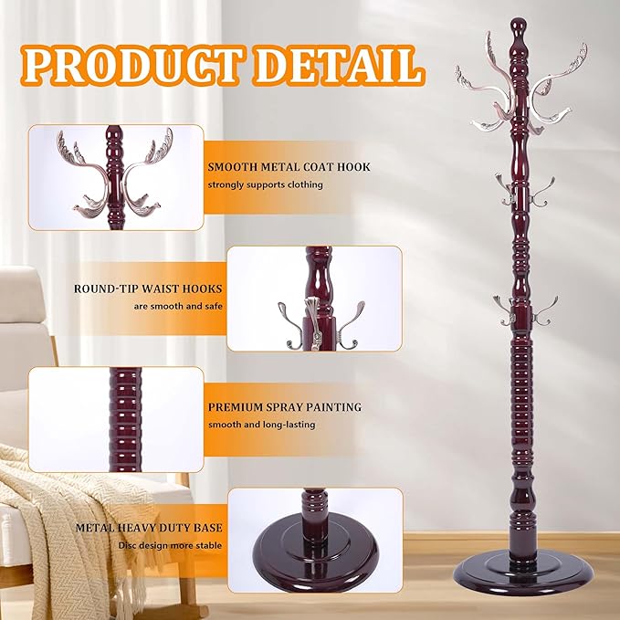 Wooden Coat Rack Freestanding with Metal Hooks, Coat Hanger Stand Coat Tree with Adjustable Height 47’’-72.8’’, Modern Coat Rack for Entrance, Office, Living Room, Bedroom, Corridor