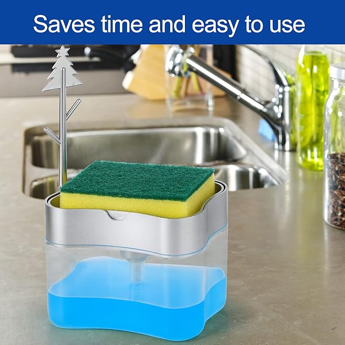 Premium Quality Soap Dispenser with Added Features for Kitchen - Sponge Holder Sink Dish Washing Soap Dispenser 13 Ounces Silver