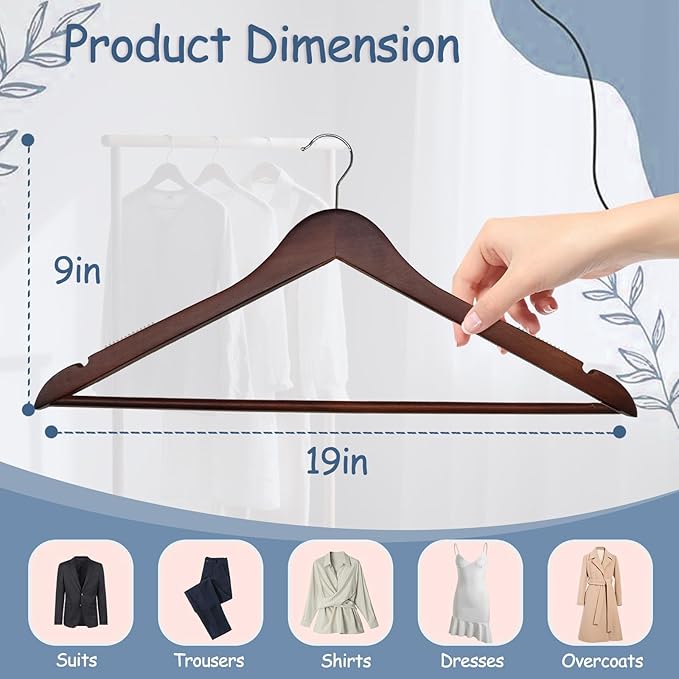 King Mills 19 Inch Plus Size Hangers, Extra Wide Hangers for Plus Size Clothes, Ganchos para Colgar Ropa, Ideal for XL, XXL Shirts, Coats, Dresses, Etc. Wood. Walnut 10pk