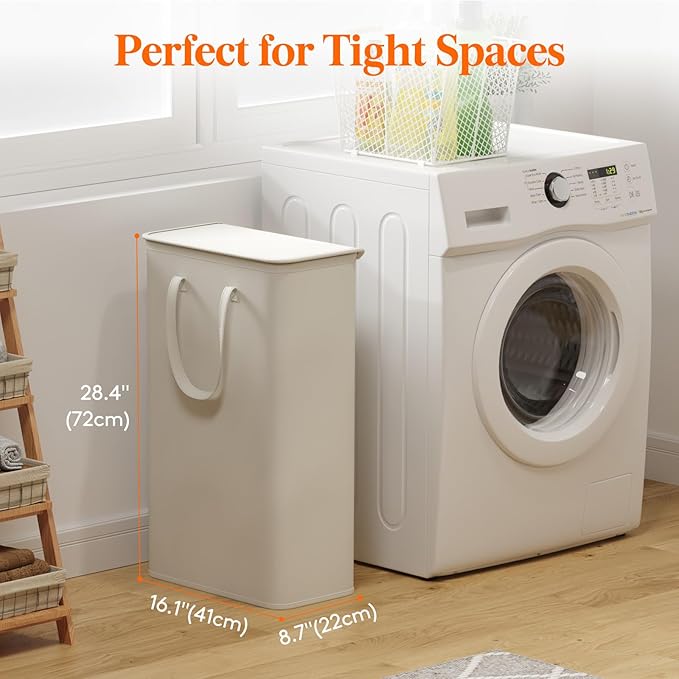 Lifewit 65L Slim Small Laundry Hamper, Laundry Basket with Lid, Dirty Collapsible Clothes Storage with Easy Carry Extended Handles, Tall Hampers for Bedroom Laundry Room, White, 1 Pack