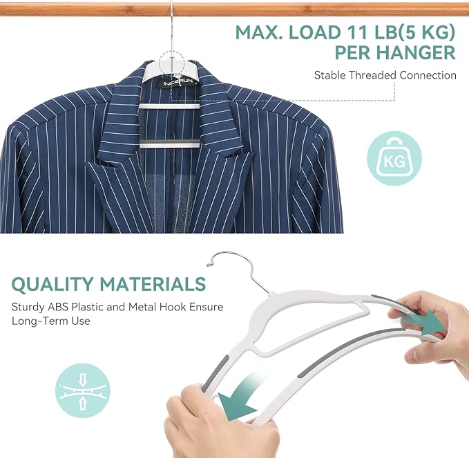 50 Pack Non-Slip Plastic Hangers with Tie Rack, Slim Space-Saving Clothes Hangers – Heavy Duty Plastic Hangers for Suit, Shirts, Pants, Dorms & Home Organization, White and Dark Gray