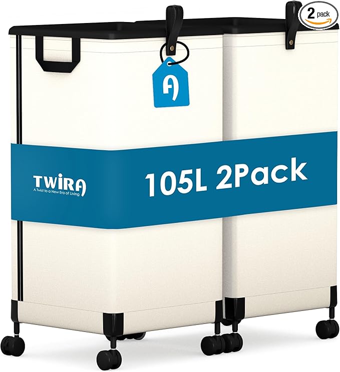 2Pcs Laundry Basket With Wheels 105L, Large Rolling Laundry Hamper With Removable Bag, Metal Frame Collapsible Dirty Clothes Bin, Cloth Organizer Hampers Pull Handle For Bathroom, Dorm, Bedroom White