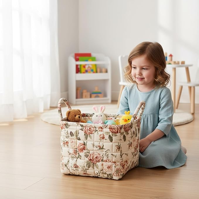 Mo&Cy Fabric Storage Basket with Handle – Collapsible Quilted Boho Floral Organizer for Laundry Room Organization,Clothes Basket,Toy Organizers and Storage,Diaper Caddy Basket(Rustic Rose)