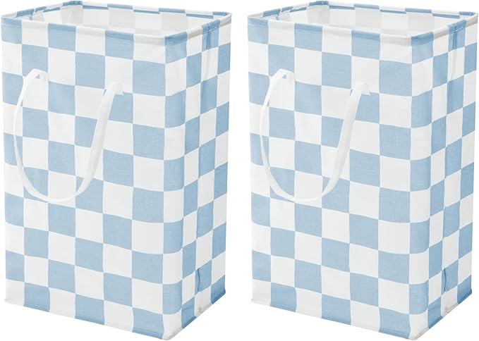 Checkered Laundry Hamper, Pack of 2, Large Pastel Blue Collapsible Cloth Hampers Basket for Storage Organization Cute Aesthetic, 2 x 75L