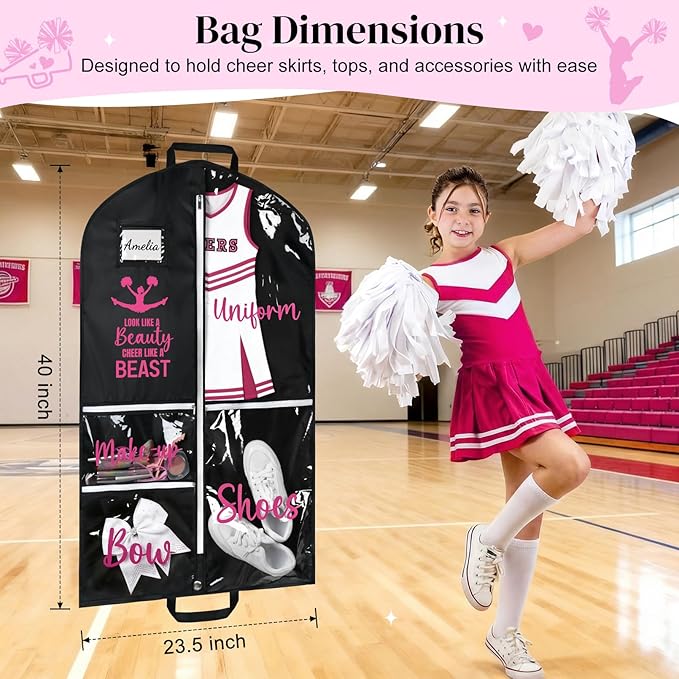 DEEKA Cheer Garment Bag for Hanging Clothes with Zipper Pockets Cheer Accessories Mom Essentials Uniform Costume 40 Inch Black Bags Stuff for Cheerleading Girls (Black,Hot Pink-Cheer Quote)