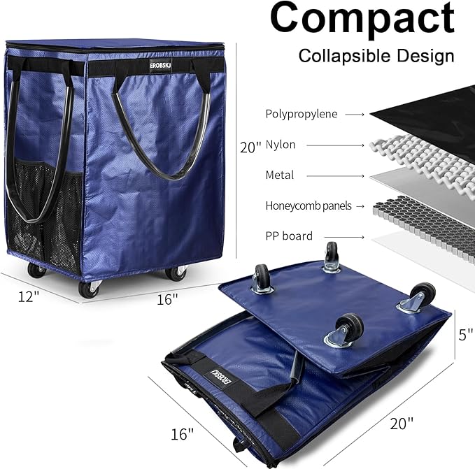 (Medium, Navy) Reusable Grocery Bag on Wheels, 70L Foldable Rolling Tote, Carries Up to 66 lbs Shopping Trolley, Zipper Clouser Shopping Carts for Trips, Laundry, 4 Heavy Duty Wheels and 3 Handles