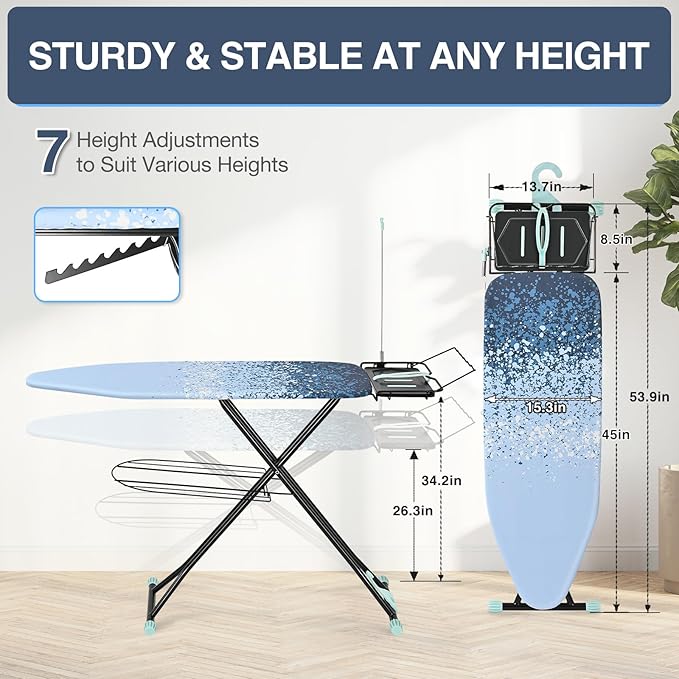APEXCHASER Ironing Board Full Size with Iron Rest, Metal Panel Iron Board, Heat & Scorch Resistant Cover, Adjustable Height Heavy Duty Ironing Board with Germent Rack, for Home, Dorm, 15x45 Blue